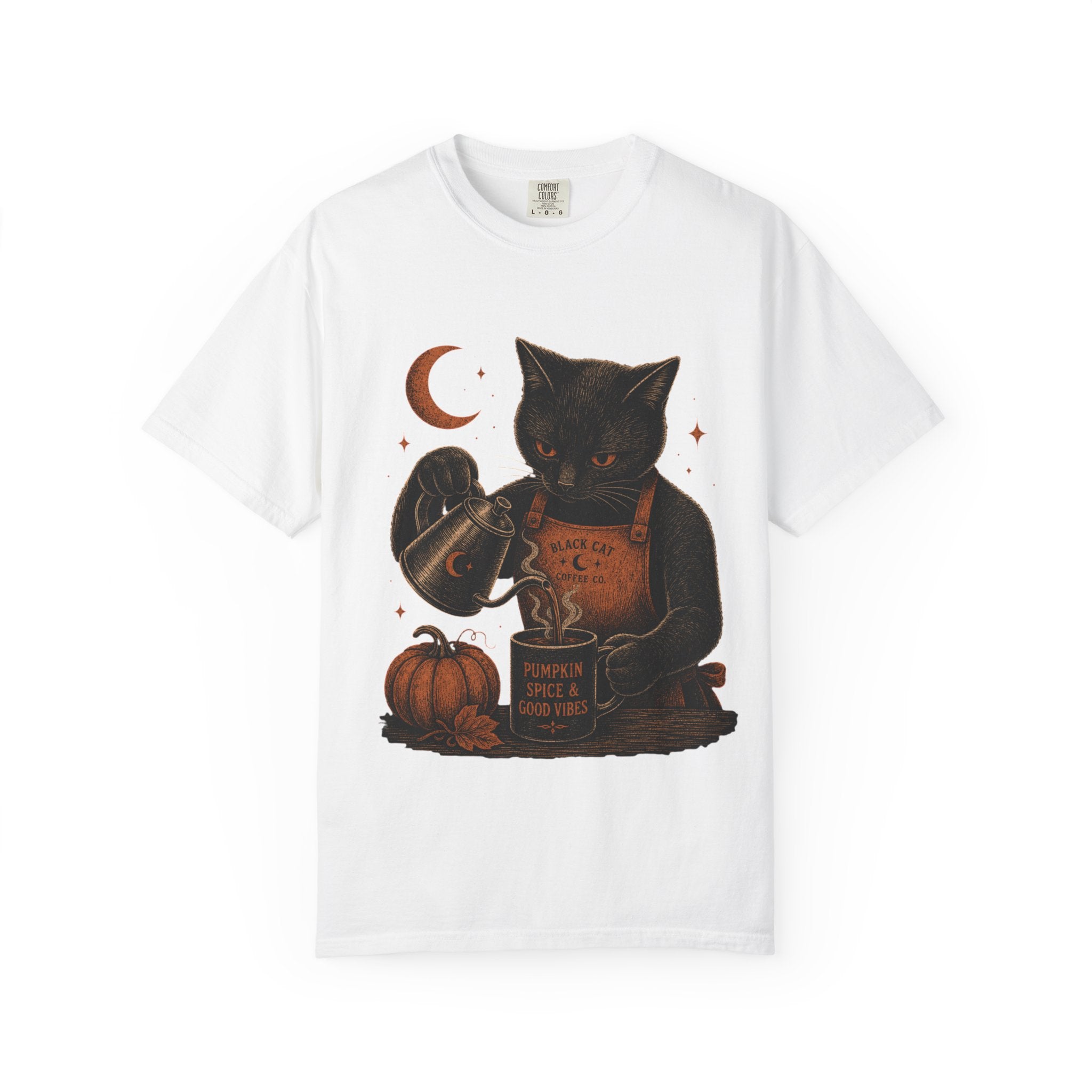 Black Cat Pumpkin Tea T-Shirt — Halloween Vintage Witchy Graphic Tee