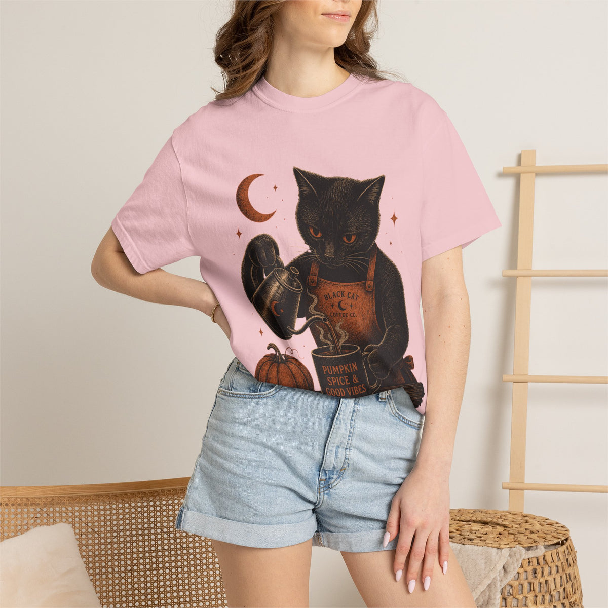 Black Cat Pumpkin Tea T-Shirt — Halloween Vintage Witchy Graphic Tee