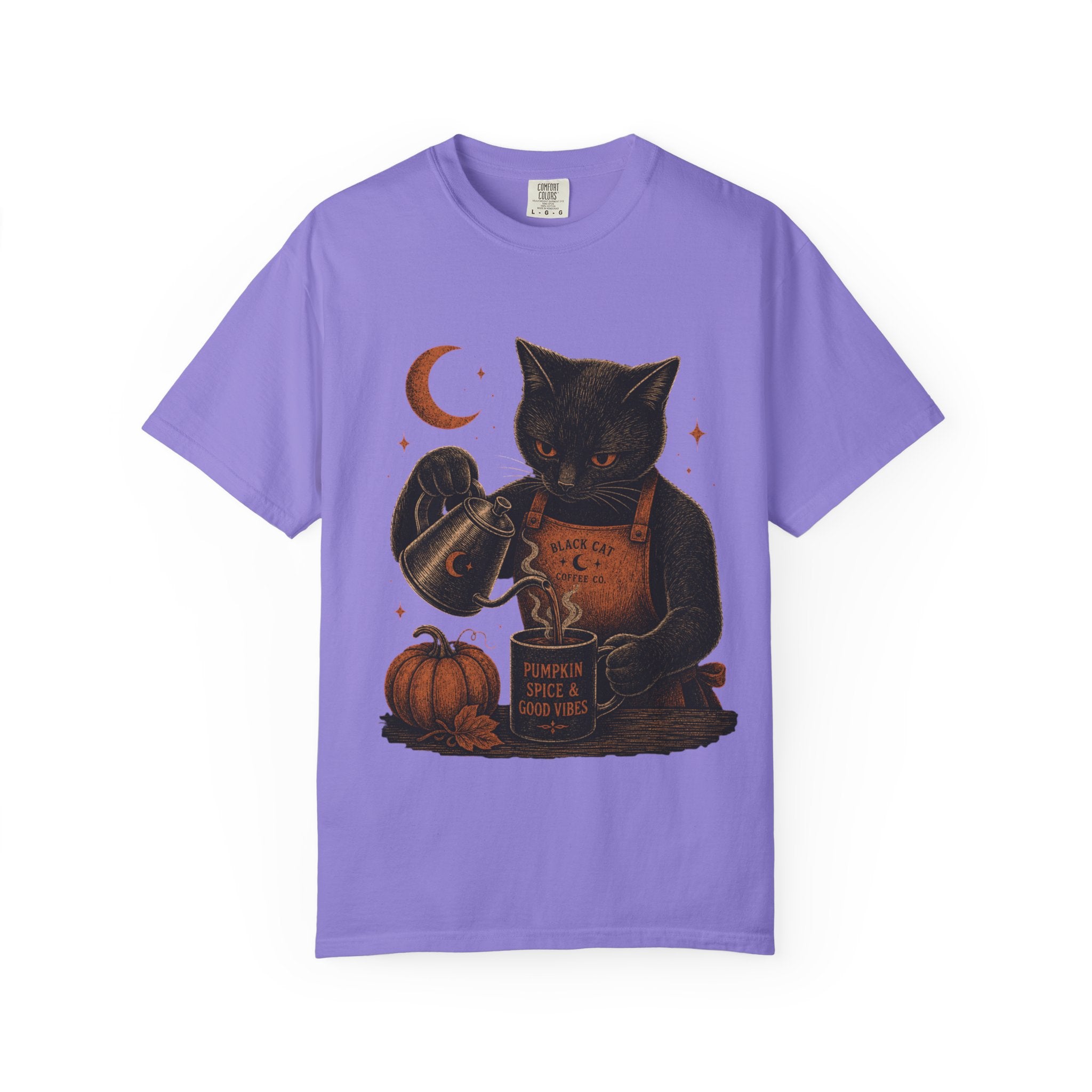 Black Cat Pumpkin Tea T-Shirt — Halloween Vintage Witchy Graphic Tee