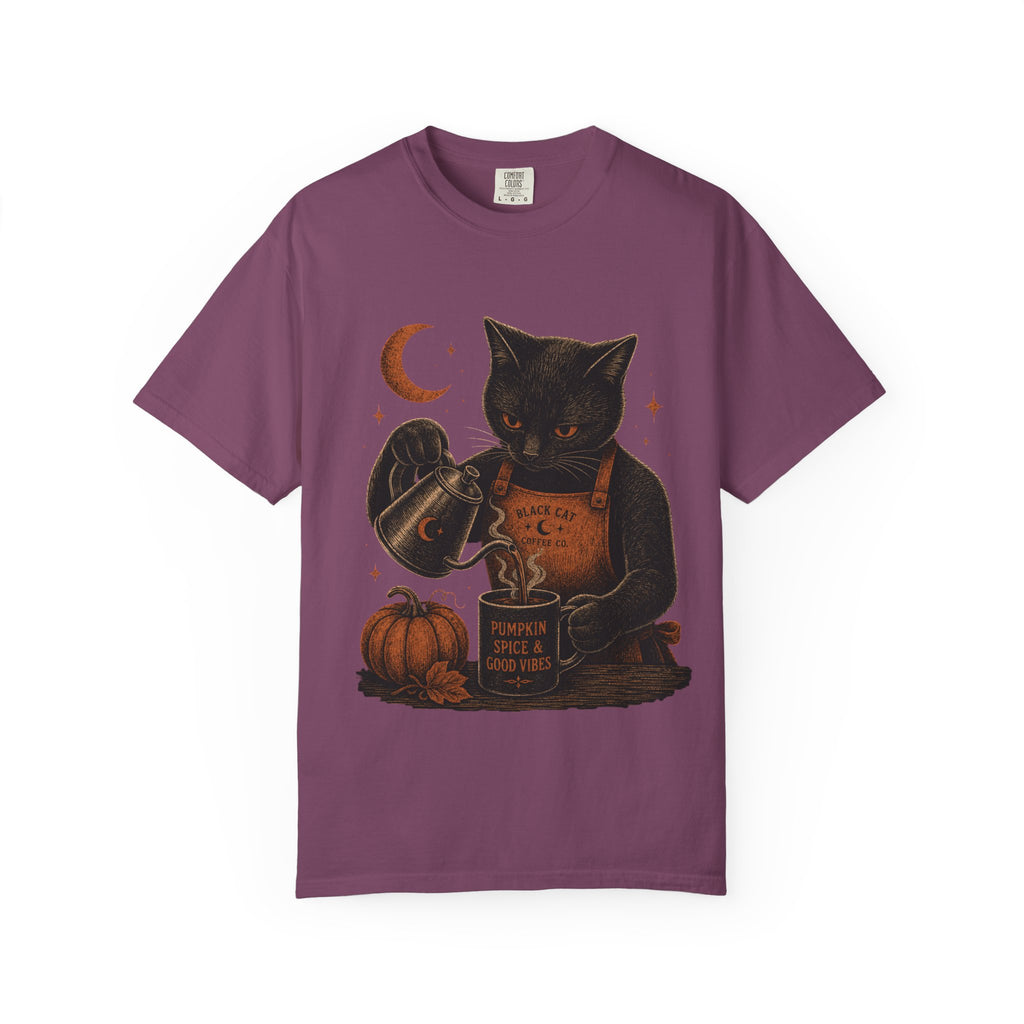 Black Cat Pumpkin Tea T-Shirt — Halloween Vintage Witchy Graphic Tee
