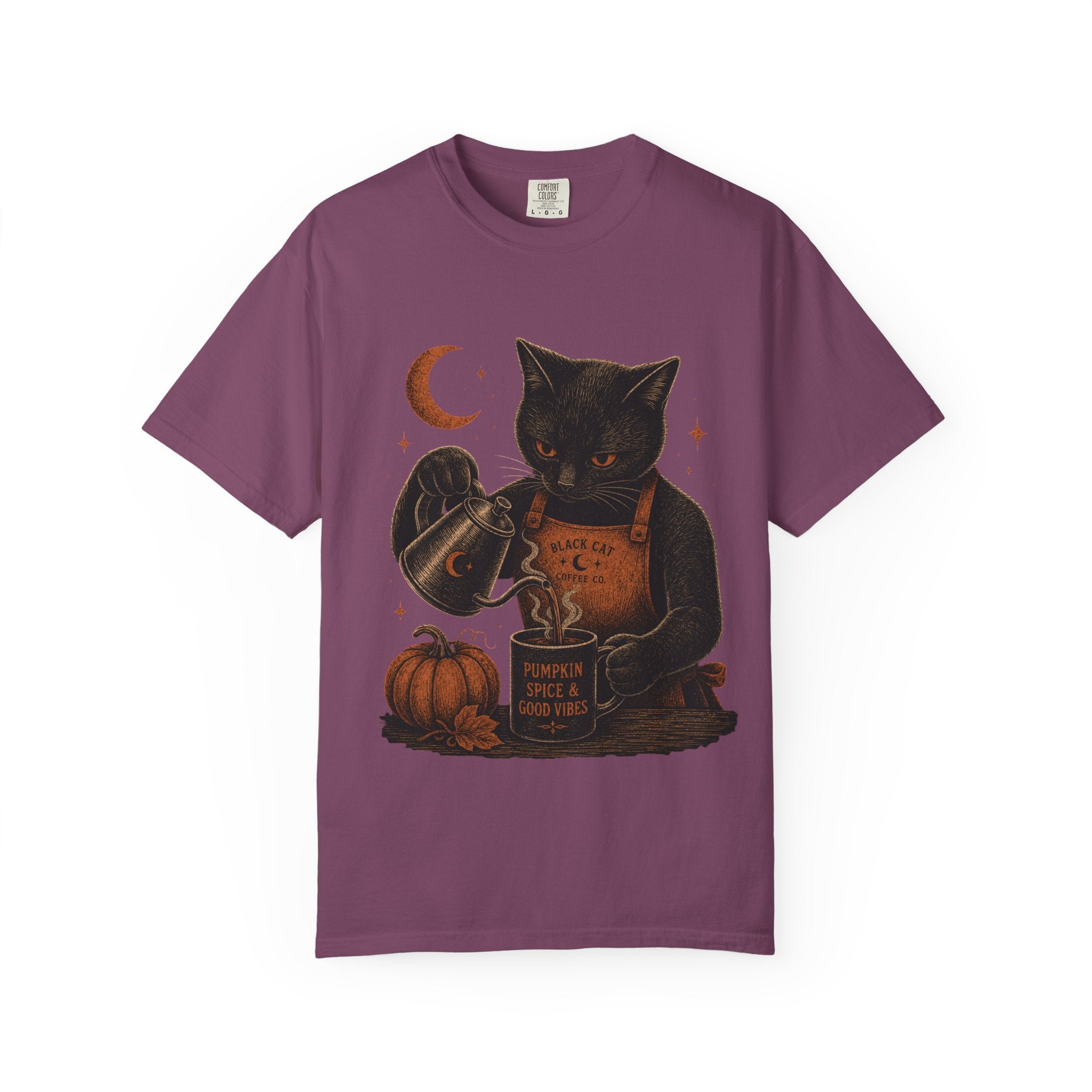 Black Cat Pumpkin Tea T-Shirt — Halloween Vintage Witchy Graphic Tee