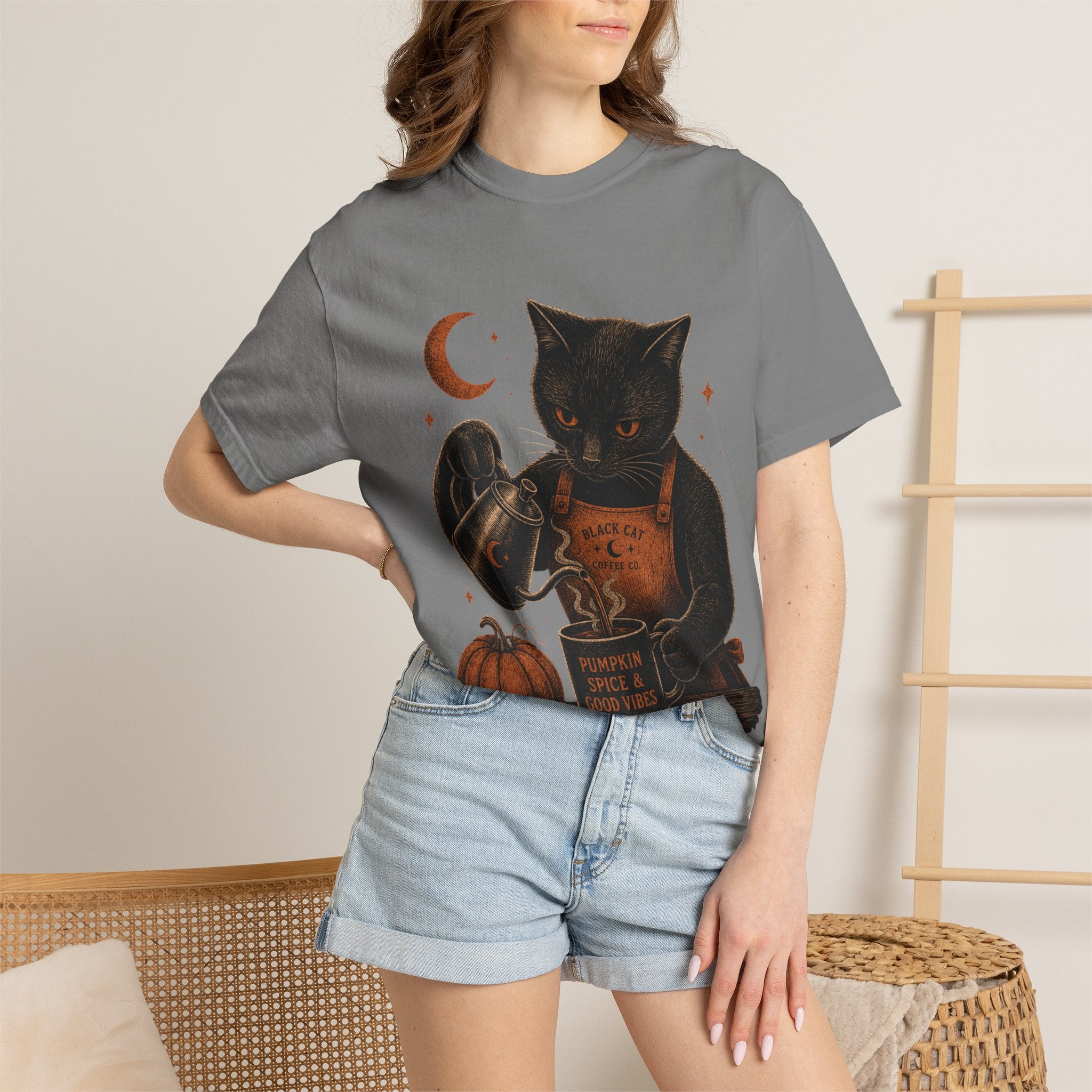 Black Cat Pumpkin Tea T-Shirt — Halloween Vintage Witchy Graphic Tee