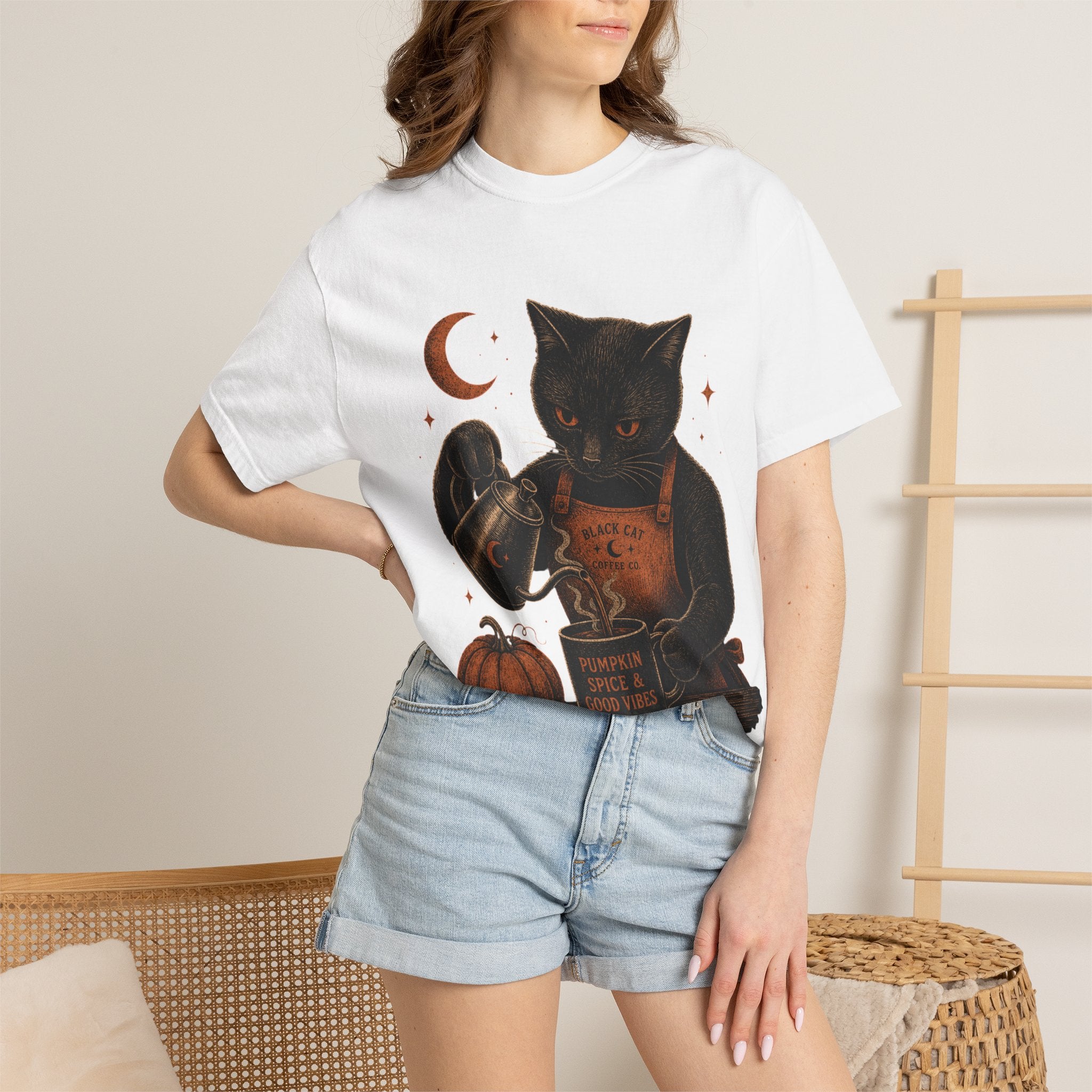 Black Cat Pumpkin Tea T-Shirt — Halloween Vintage Witchy Graphic Tee