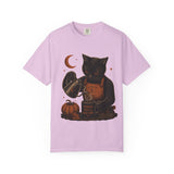 Black Cat Pumpkin Tea T-Shirt — Halloween Vintage Witchy Graphic Tee