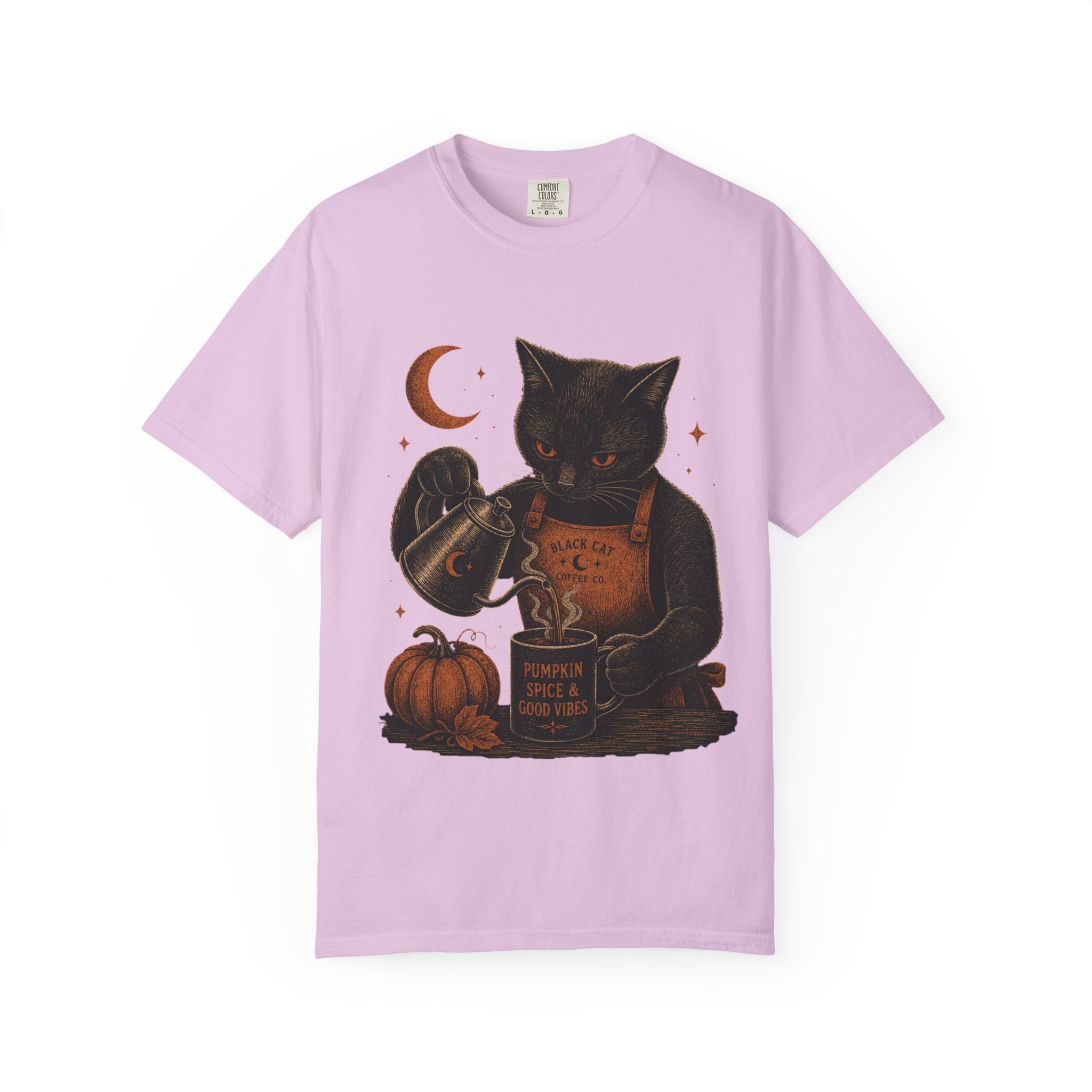 Black Cat Pumpkin Tea T-Shirt — Halloween Vintage Witchy Graphic Tee