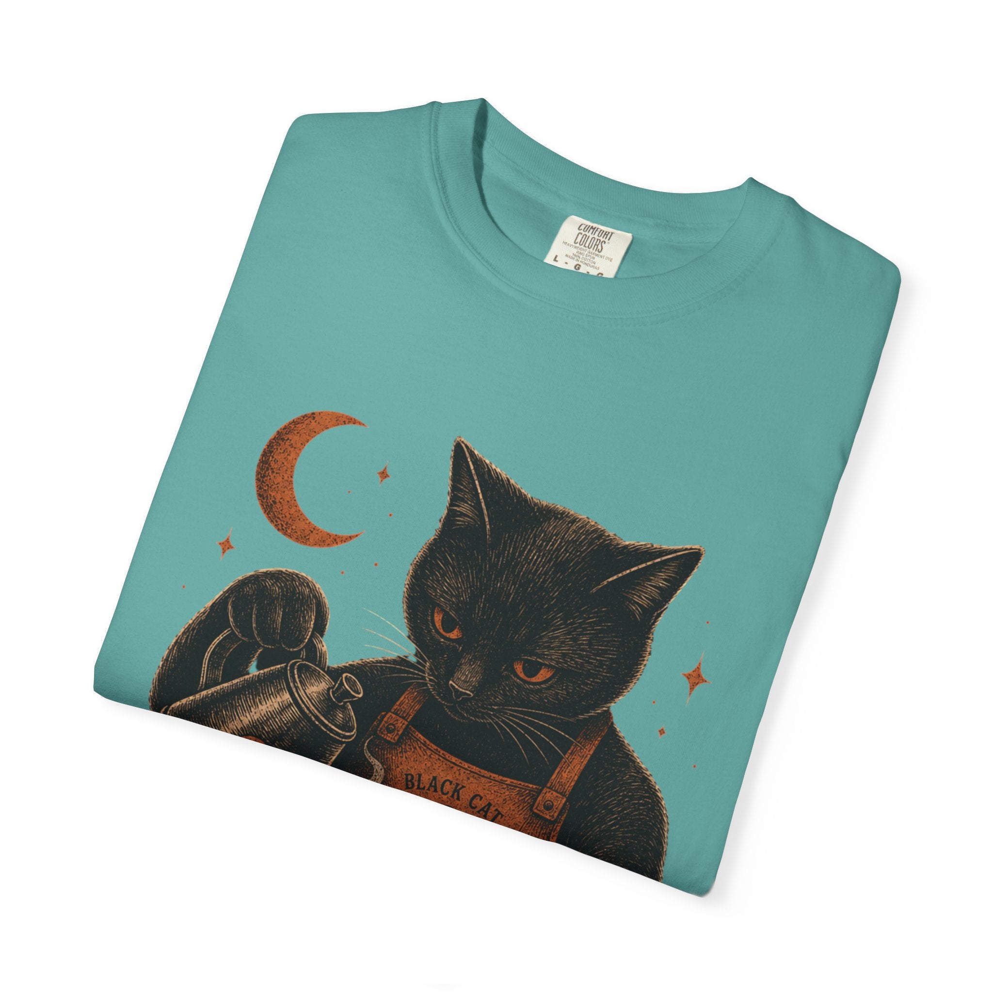 Black Cat Pumpkin Tea T-Shirt — Halloween Vintage Witchy Graphic Tee