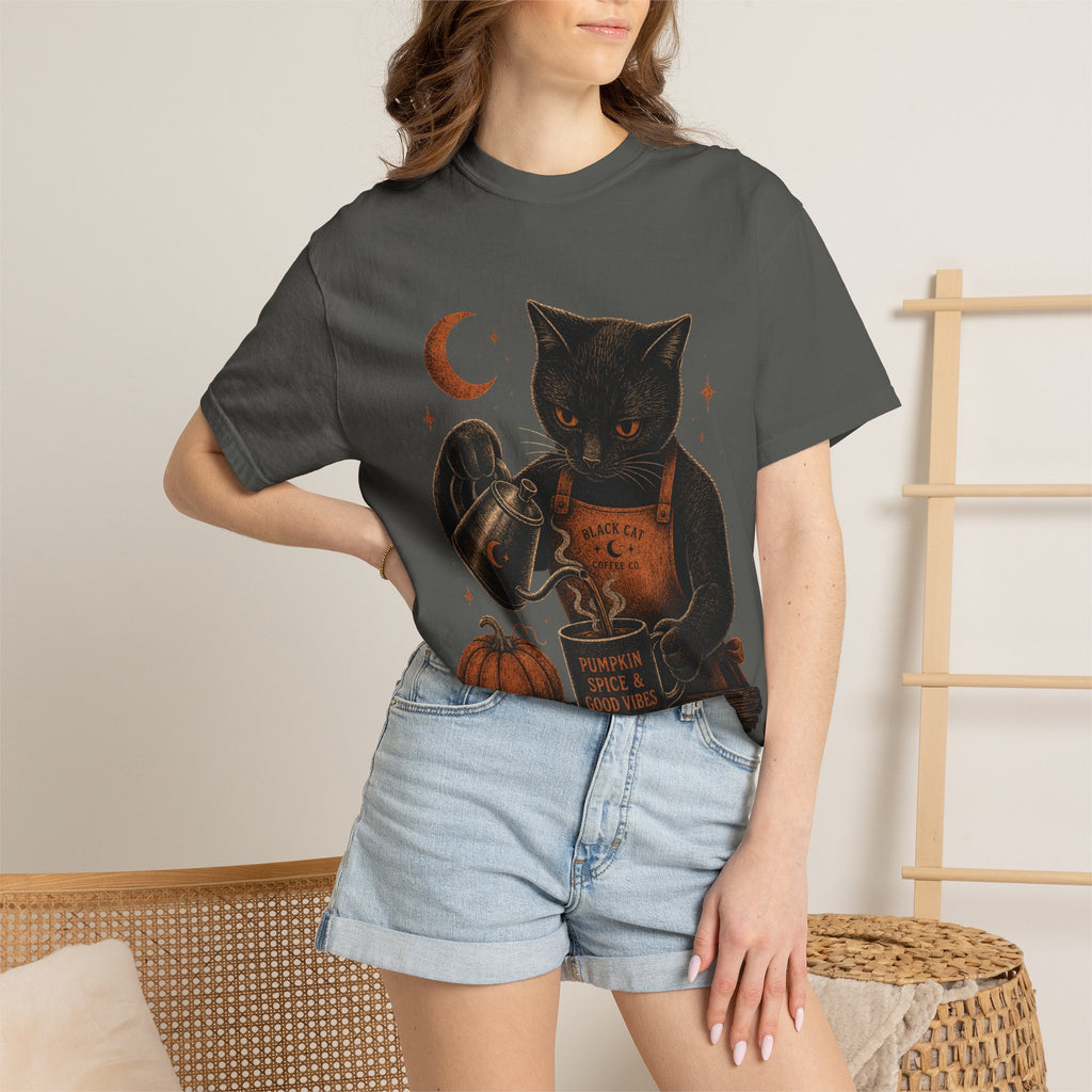 Black Cat Pumpkin Tea T-Shirt — Halloween Vintage Witchy Graphic Tee