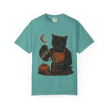 Black Cat Pumpkin Tea T-Shirt — Halloween Vintage Witchy Graphic Tee