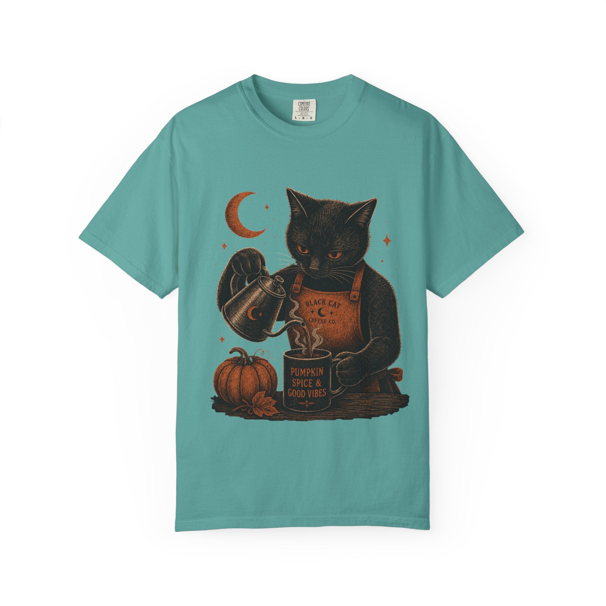 Black Cat Pumpkin Tea T-Shirt — Halloween Vintage Witchy Graphic Tee