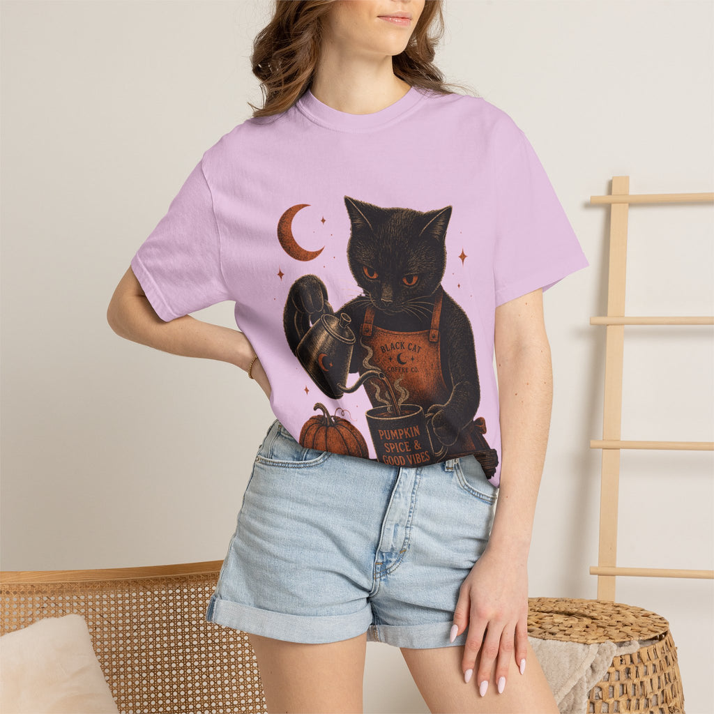 Black Cat Pumpkin Tea T-Shirt — Halloween Vintage Witchy Graphic Tee