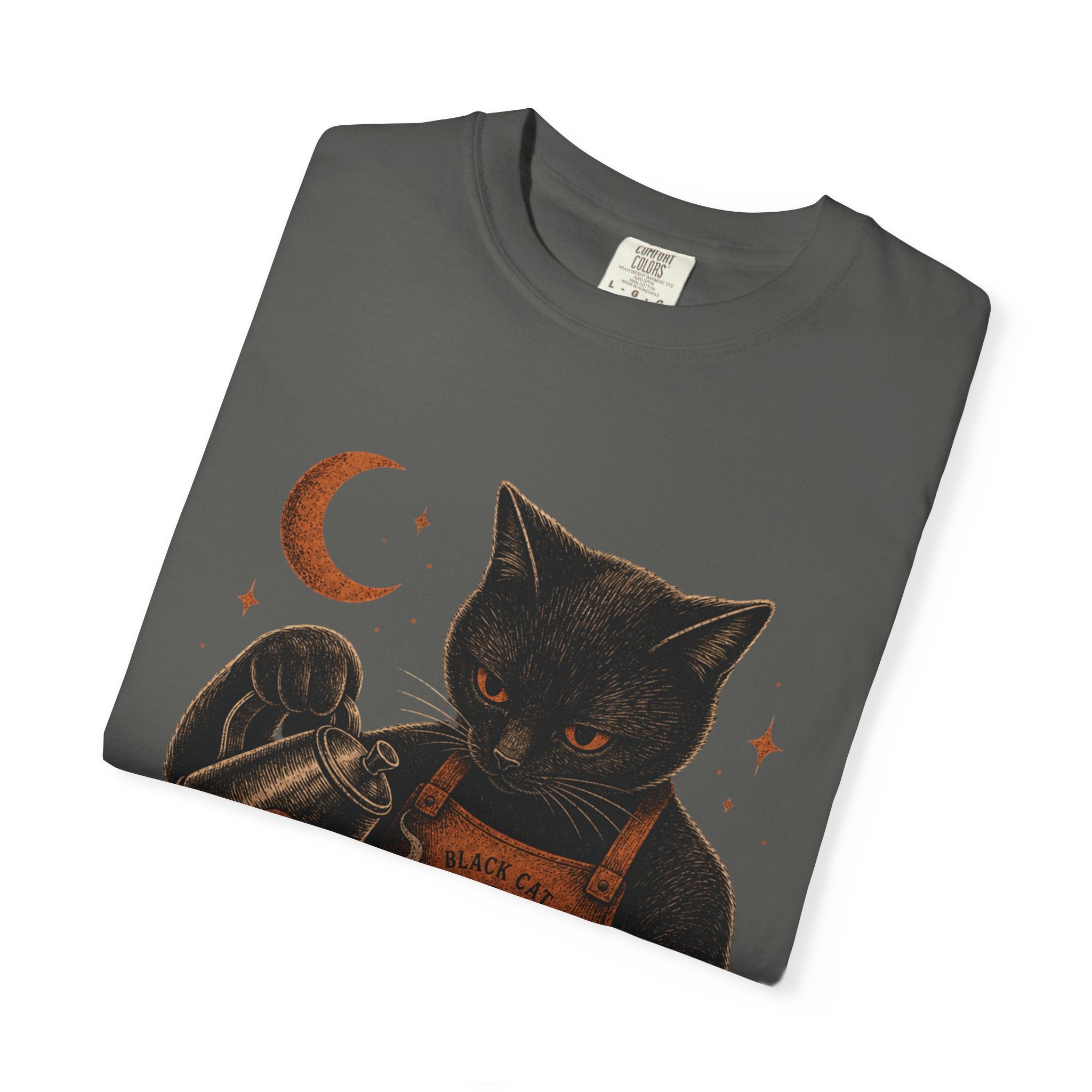 Black Cat Pumpkin Tea T-Shirt — Halloween Vintage Witchy Graphic Tee