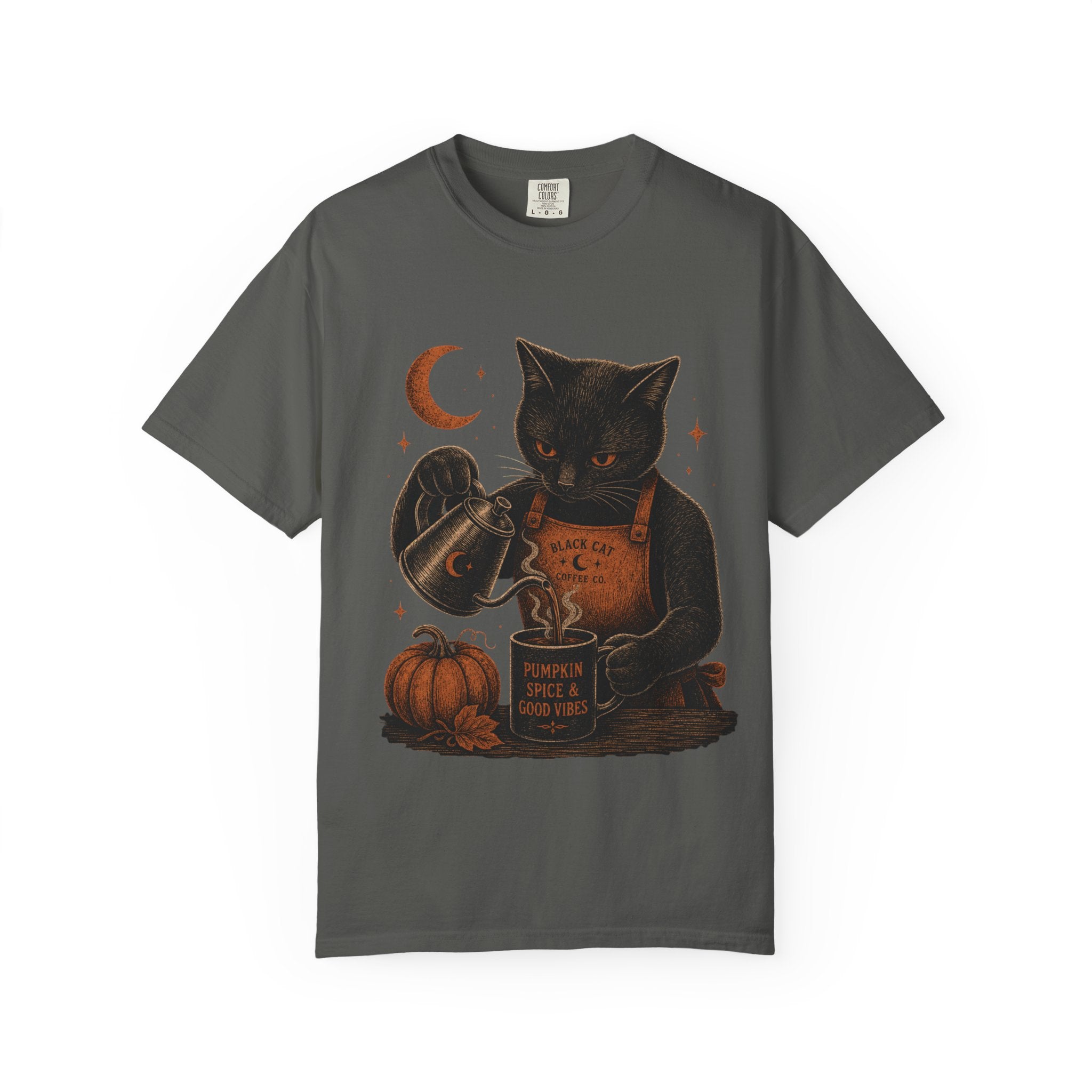 Black Cat Pumpkin Tea T-Shirt — Halloween Vintage Witchy Graphic Tee