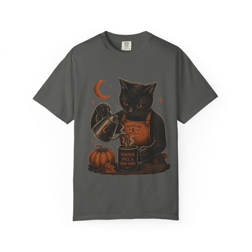 Black Cat Pumpkin Tea T-Shirt — Halloween Vintage Witchy Graphic Tee
