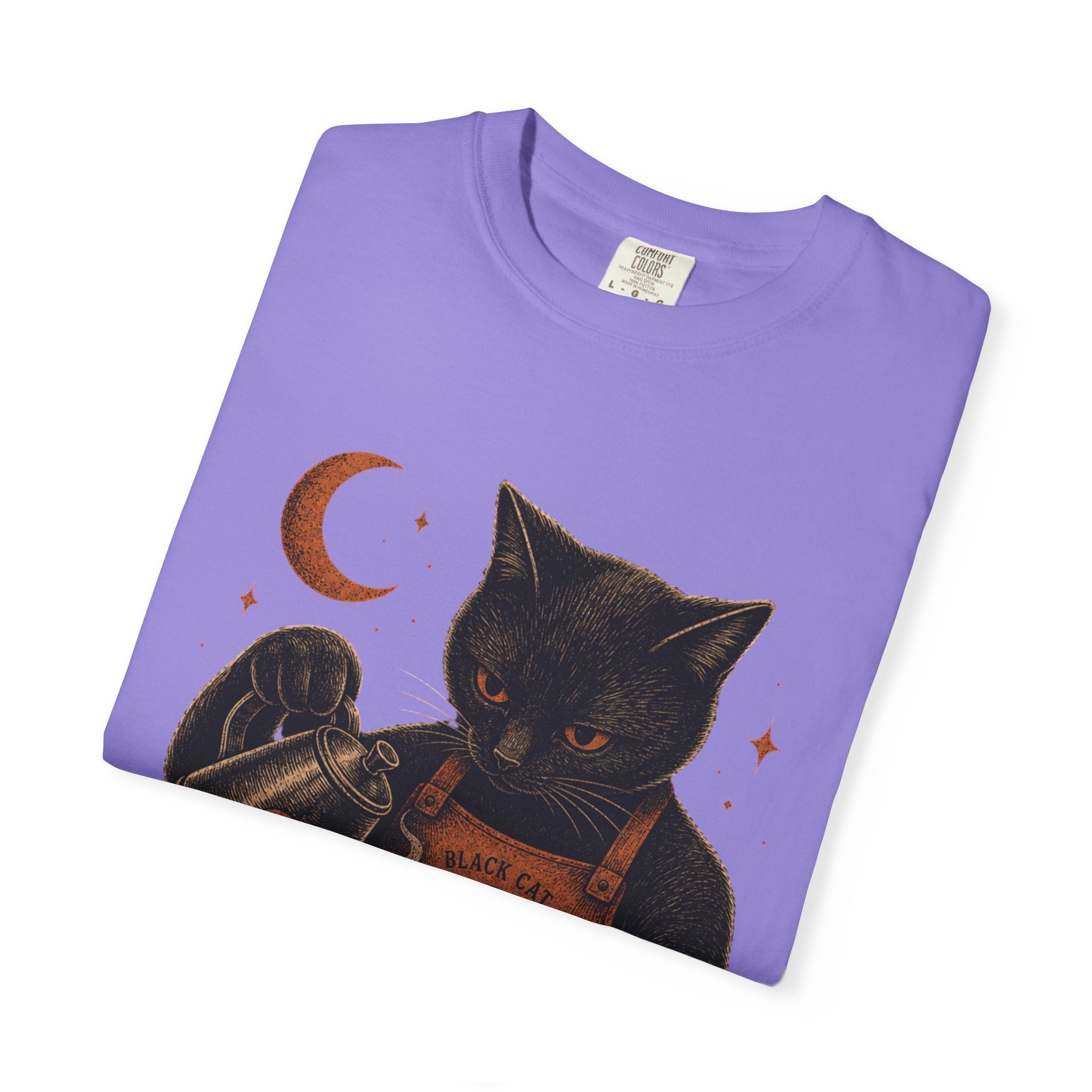 Black Cat Pumpkin Tea T-Shirt — Halloween Vintage Witchy Graphic Tee