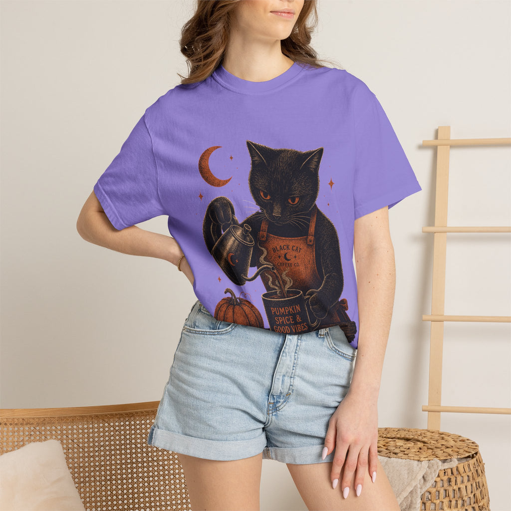Black Cat Pumpkin Tea T-Shirt — Halloween Vintage Witchy Graphic Tee