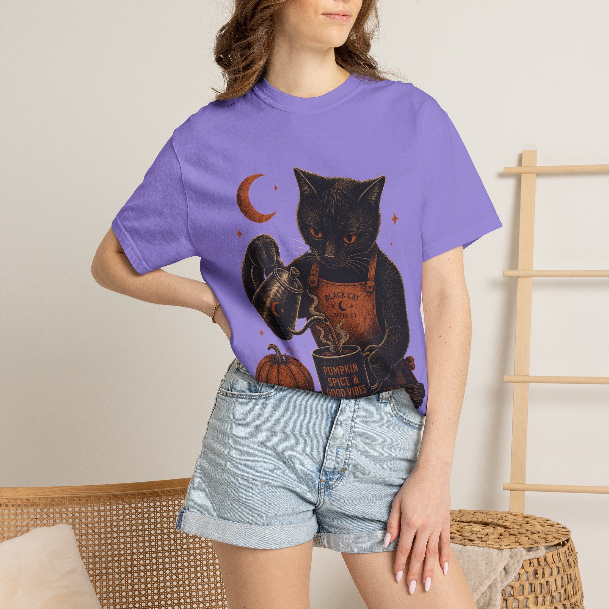 Black Cat Pumpkin Tea T-Shirt — Halloween Vintage Witchy Graphic Tee